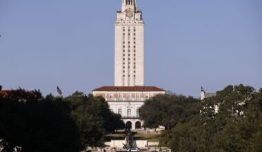 The 307-foot-tall landmark UT Tower is pictured on the University of Texas campus in Austin, Texas in 2021. 