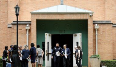 Mourners leave the funeral for Dallas community activist Sylvia Collins, at Kessler Park United Methodist Church in Dallas, Texas, Saturday June 13, 2026. Collins was one of the victims of the Oak Cliff gas explosion.