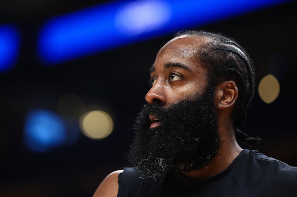 FILE -- Cleveland Cavaliers guard James Harden reacts during warm-ups before the start of an...