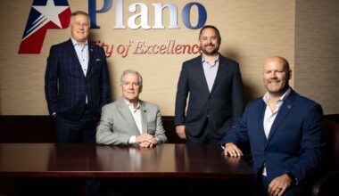 (From left) Plano City Manager Mark Israelson, Mayor John Muns, Deputy City Manager Doug McDonald and Economic Development Director Michael Talley pose for a photo at the Plano Municipal Center in Plano, TX, Friday, June 12, 2026.