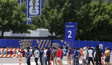 Fans make their way to the Dallas Stadium ahead of the match between Netherlands and Japan, on Sunday, June 14, 2026 in Arlington.