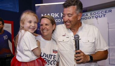 Frisco mayoral candidate Mark Hill smiles with his wife Tiffany and daughter Emily, 7, as he prepares to speak to supporters during his election night watch party at The Frisco Bar & Grill on Saturday, June 13, 2026, in Frisco.
