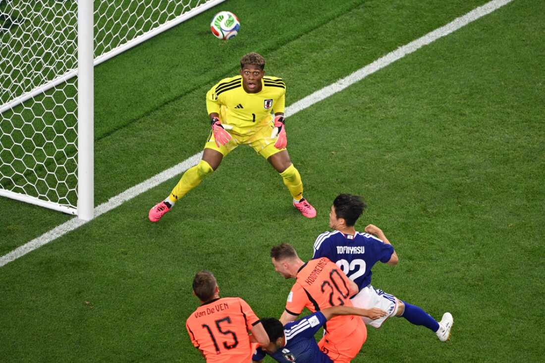 Japan goalkeeper Zion Suzuki eyes the ball during the World Cup Group F soccer match between the Netherlands and Japan in Arlington, Texas, near Dallas, Sunday, June 14, 2026.