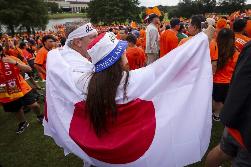 Fans gather for the Orange Army March before the Netherlands and Japan World Cup game Sunday, June 14, 2026, in Arlington.