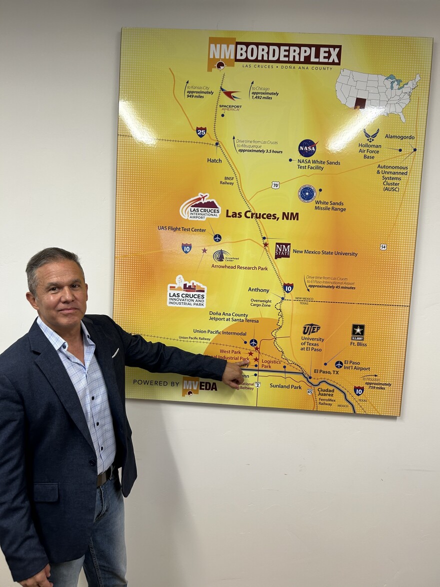 Davin Lopez, president of the local economic development alliance, points to the location of the hyper-scale data center near the New Mexico-Mexico border. "This is by far larger than anything we've ever seen," he says.