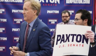 Attorney General Ken Paxton, the GOP nominee for the Senate, and state Rep. Katrina Pierson of Rockwall at the Texas GOP convention Friday in the George R. Brown Convention Center in Houston.