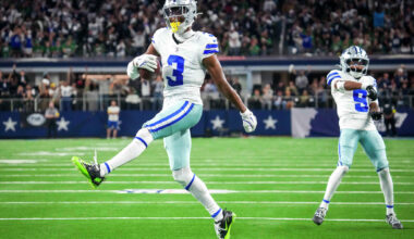 Dallas Cowboys wide receiver George Pickens (3) runs through the end zone after catching a long pass for a second quarter touchdown against Los Angeles Chargers safety Derwin James Jr. (3) at AT&T Stadium in Arlington, December 21, 2025.