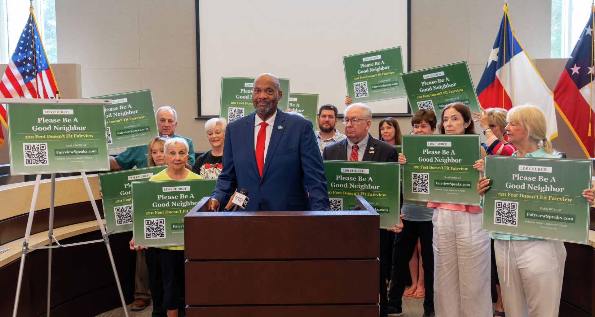 Fairview Mayor John Hubbard speaks at a news conference where town leaders launched a marketing campaign called FairviewSpeaks. The campaign urges The Church of Jesus Christ of Latter-day Saints to reconsider the height of the 120-foot temple under construction in the town.