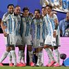 Argentina's forward #10 Lionel Messi celebrates with teammates scoring his team's second goal during their 2026 World Cup game against Algeria at the Kansas City Stadium. Messi would add a third as Argentina began defense of its 2022 title.