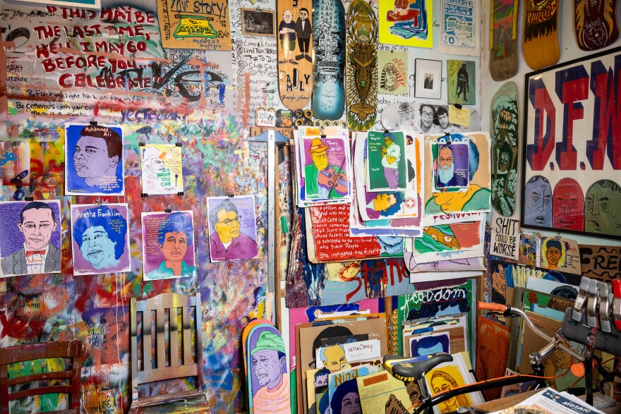 The art studio of Tim Kerr, a visual artist and member of the skate punk band, Big Boys, is pictured on Friday, June 5, 2026, in Austin, Texas. Michael Minasi / KUT News