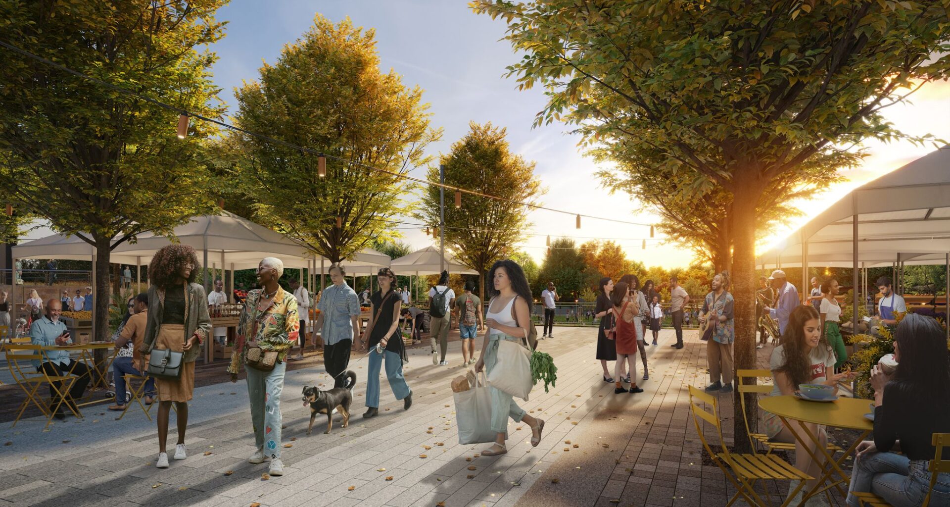 Rendering of outdoor market at Fair Park's Community Park Complex.