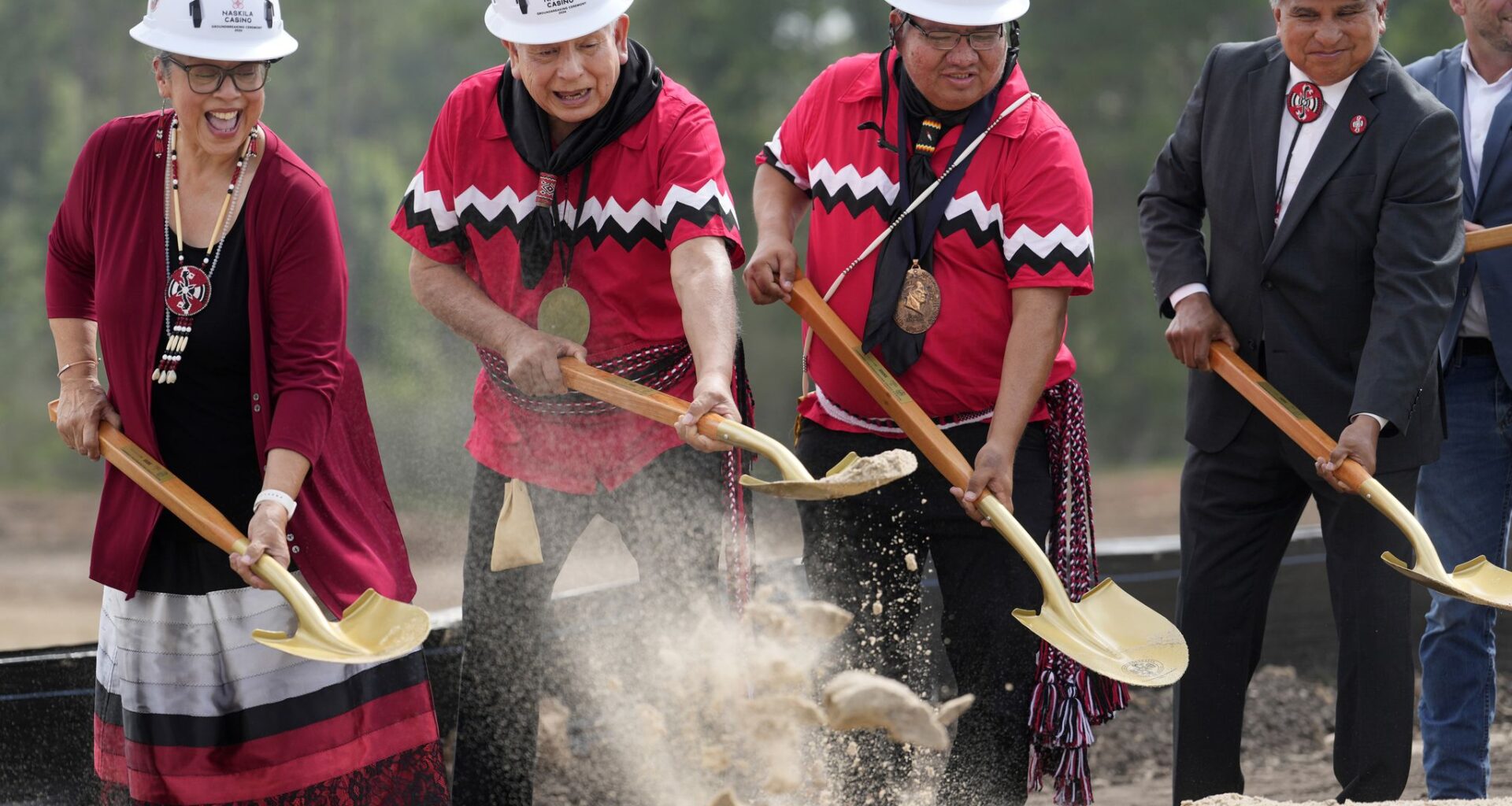 Nita Battise, Alabama-Coushatta Tribe of Texas vice chairwoman, left, Donnis Battise, first chief of the Alabama-Coushatta Tribe of Texas, Herbert Johnson Jr., second chief, and Rick Sylestine, Alabama-Coushatta Tribe of Texas chairman, right, are shown during the groundbreaking ceremony for the future Naskila Casino Resort in Leggett Thursday, June 18, 2026.