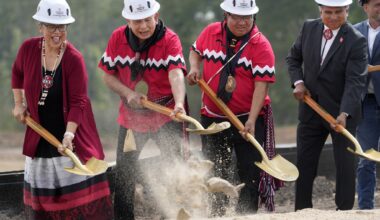 Nita Battise, Alabama-Coushatta Tribe of Texas vice chairwoman, left, Donnis Battise, first chief of the Alabama-Coushatta Tribe of Texas, Herbert Johnson Jr., second chief, and Rick Sylestine, Alabama-Coushatta Tribe of Texas chairman, right, are shown during the groundbreaking ceremony for the future Naskila Casino Resort in Leggett Thursday, June 18, 2026.