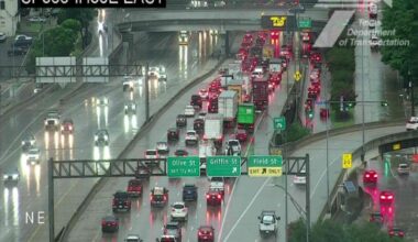Traffic is backed up for several miles on Woodall Rogers Freeway Friday morning following a collision in the tunnel under Klyde Warren Park.