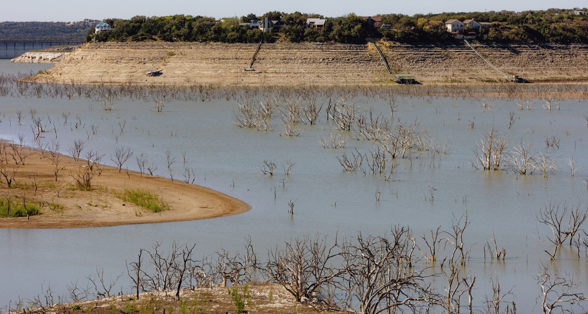 Pictured is a drought-stricken portion of Medina Lake in March 2025. Back then, the lake was considered just 2.3% full. As of this month, levels have increased and the lake is now considered 5.7% full.