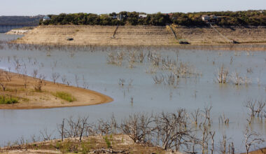 Pictured is a drought-stricken portion of Medina Lake in March 2025. Back then, the lake was considered just 2.3% full. As of this month, levels have increased and the lake is now considered 5.7% full.