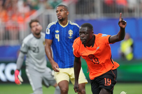 Netherlands' Brian Brobbey celebrates scoring his side's second goal against Sweden during a World Cup Group F soccer match in Houston, Saturday, June 20, 2026. (AP Photo/Eric Gay)