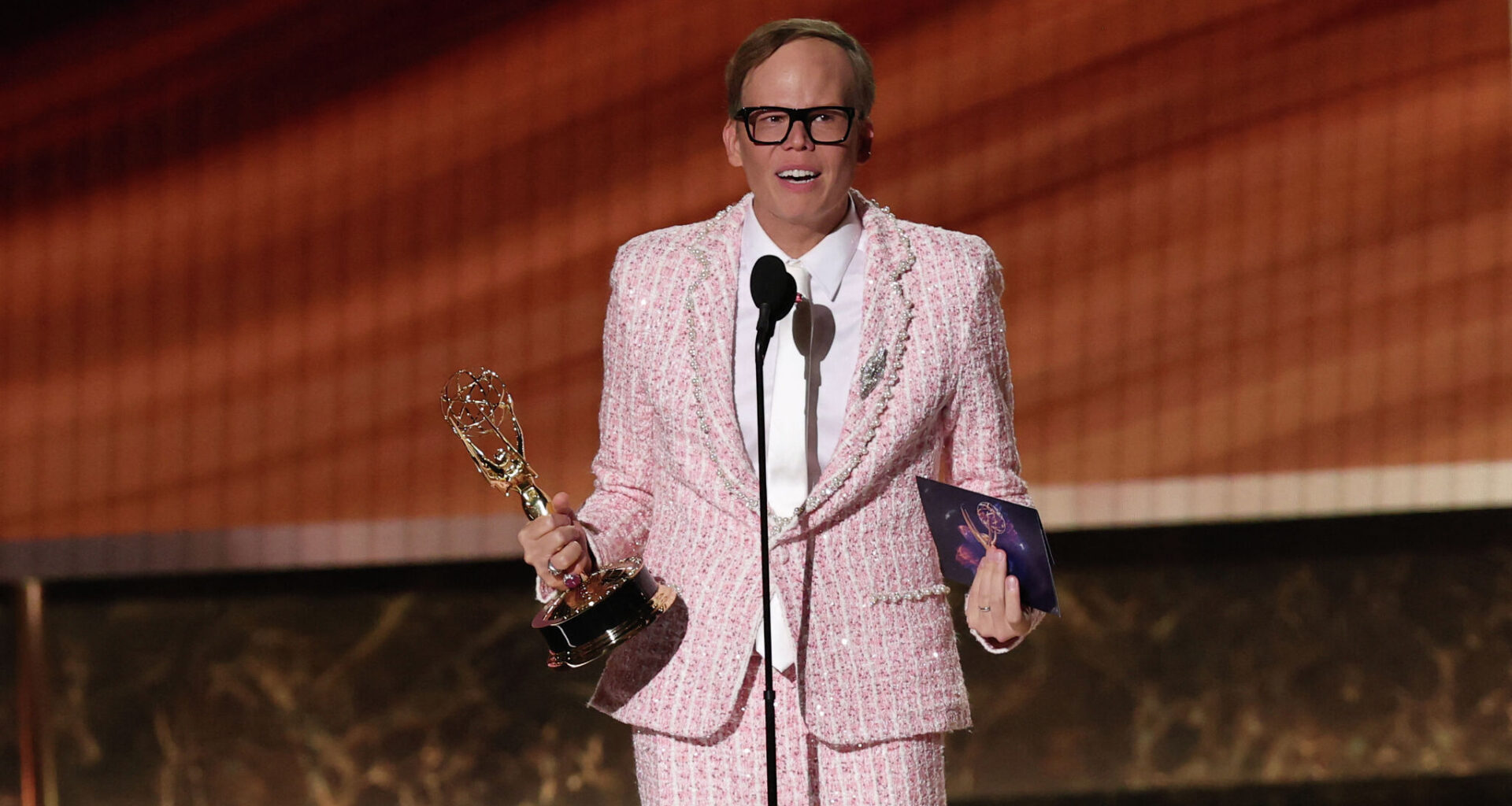US actor Jeff Hiller accepts the award for Outstanding Supporting Actor in a Comedy Series for "Somebody Somewhere" onstage during the 77th Primetime Emmy Awards at the Peacock Theatre at LA Live in Los Angeles on September 14, 2025.