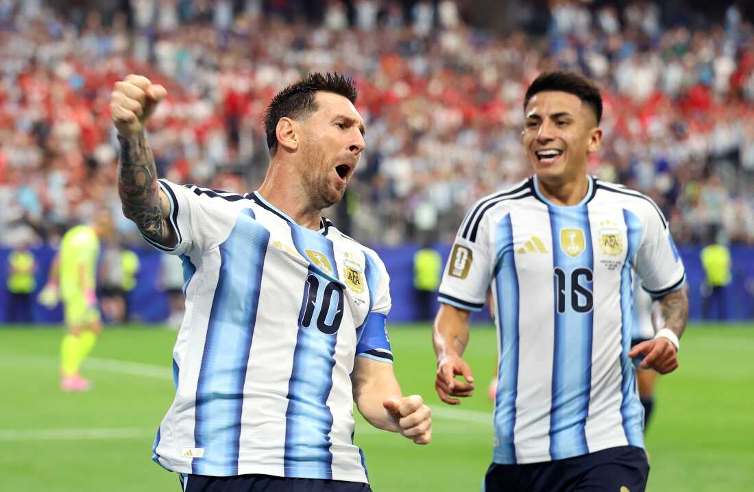 Lionel Messi #10 of Argentina celebrates after scoring his team's first goal during the FIFA World Cup 2026 group match against Austria in Arlington, Texas, on Monday. The goal, his 17th at a World Cup, broke the all-time scoring record for a man.