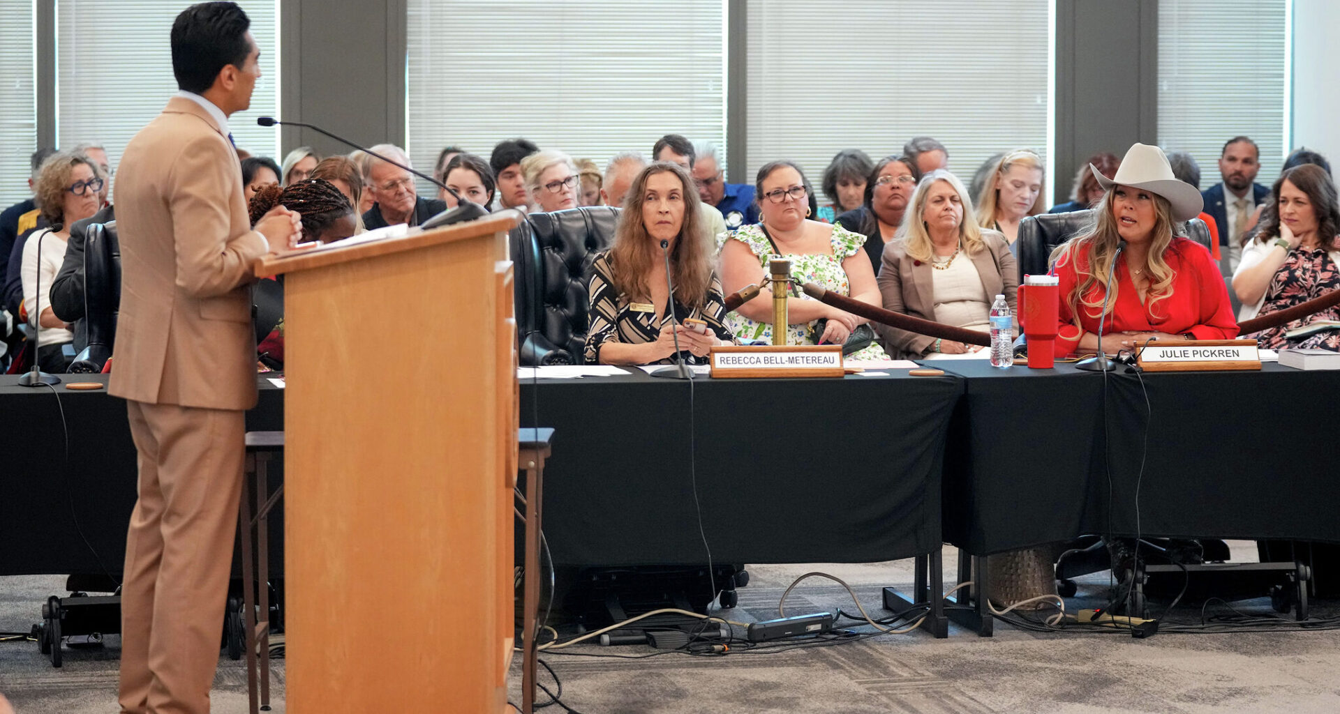 State Board of Education member Julie Pickren speaks during a meeting on proposed social studies standards at the Barbara Jordan Building in Austin on Monday, June 22, 2026. The board is considering revisions that would place greater emphasis on Christian history and biblical content in public school classrooms.