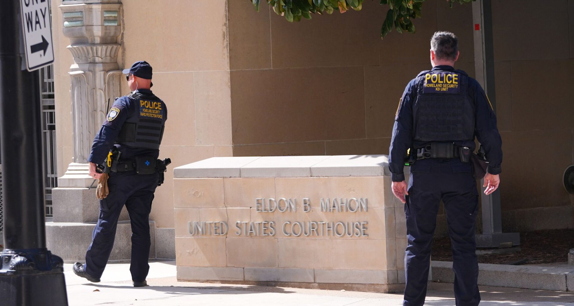 Department of Homeland Security officers stand outside the Eldon B. Mahon U.S. Courthouse in Fort Worth, Texas, Tuesday, Feb. 24, 2026.