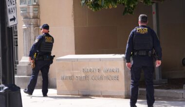 Department of Homeland Security officers stand outside the Eldon B. Mahon U.S. Courthouse in Fort Worth, Texas, Tuesday, Feb. 24, 2026.