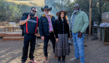 Host Andrew Zimmern with judges Moe Casen, Ernest Servantes and Jess Pryles.