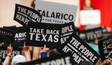 Supporters wave campaign signs before Democratic Senate candidate James Talarico addressed a rally June 1 in Plano.