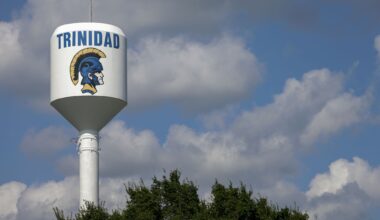 A Trinidad water tower pictured, Thursday, June 18, 2026, in Trinidad, Texas.