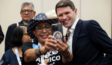 Texas Democratic Senate candidate James Talarico takes a photo Friday with Sylvia Lagos at the Hispanic Caucus during the state Democratic convention in Corpus Christi.