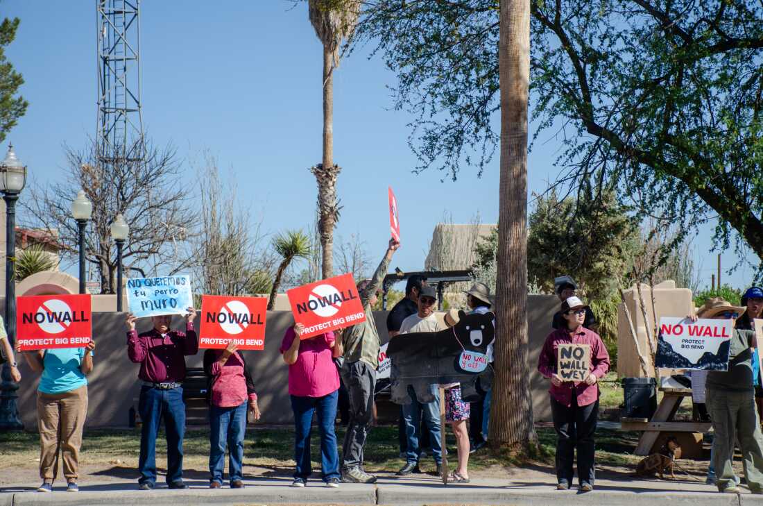 Landowners, river guides and residents throughout the Big Bend hold a rally against the proposed border wall in Presidio, Texas on March 21, 2026.