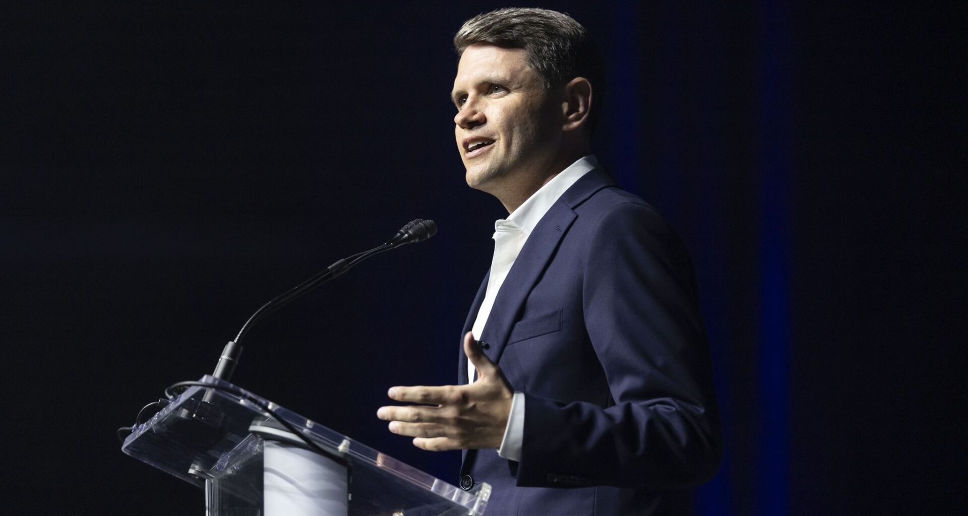 Democratic Senate nominee James Talarico on Friday at the party's Hispanic Caucus at the Hilliard Center in Corpus Christi.