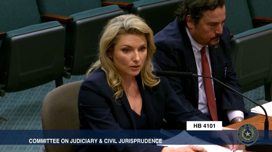 Texas Funeral Service Commission Presiding Officer Kristin Tips testifies for a bill in front of the Texas House Judiciary & Civil Jurisprudence Committee April 2, 2025. The commission's former executive director alleges Tips misled him and advocated for this bill and others to benefit her own funeral business, using state resources to do it.