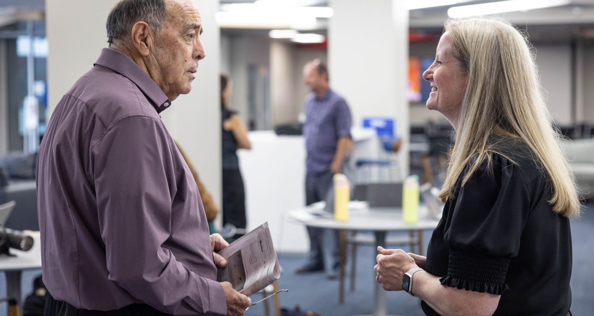 Greg Clock meets Dallas Morning News Managing Editor Amy Hollyfield in a pop-up newsroom at SMU in Dallas, Monday, June 29, 2026.