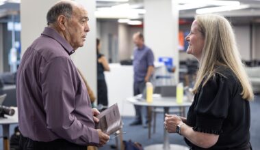 Greg Clock meets Dallas Morning News Managing Editor Amy Hollyfield in a pop-up newsroom at SMU in Dallas, Monday, June 29, 2026.