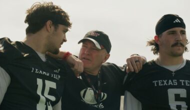 Paramount+ greenlights Texas Tech Red Raiders Football docuseries (L to R): Austin Romaine, Joey McGuire, John Curry.