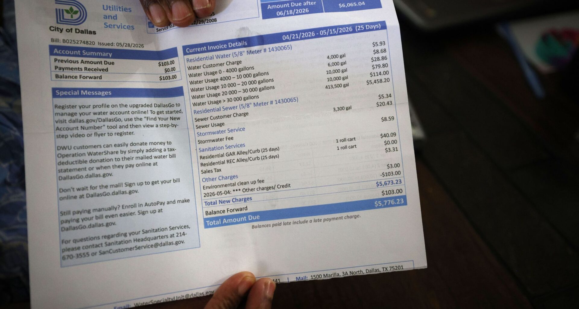 Donna Harrington shows her water bill that reads $5,776.23 in her house, Wednesday, June 24, 2026, in Dallas.