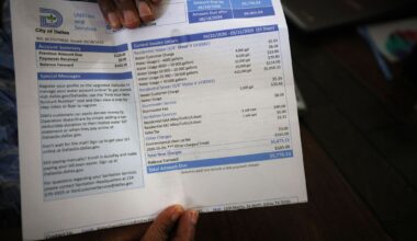 Donna Harrington shows her water bill that reads $5,776.23 in her house, Wednesday, June 24, 2026, in Dallas.