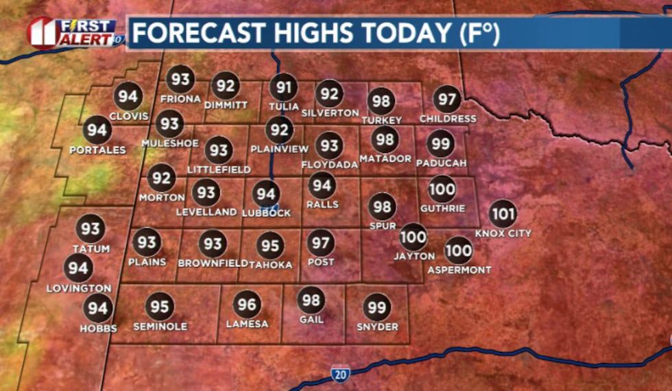 High temperatures today will reach the mid 90s
