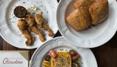 Fried frog legs, blue crab beignets and an heirloom tomato salad at Restaurant Claudine in Government Hill in San Antonio.