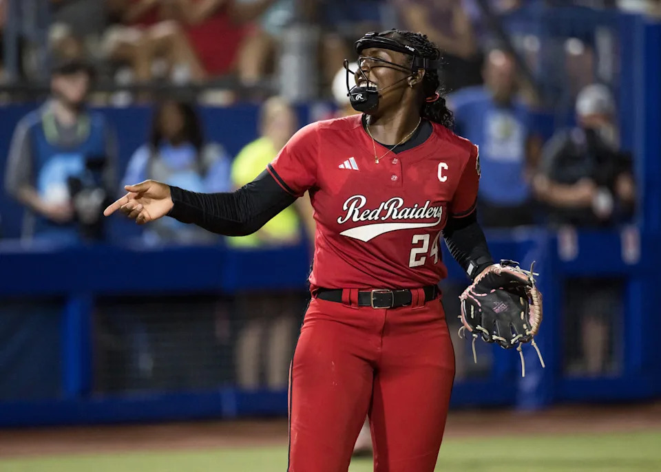 Texas Tech pitcher Nijaree Canady (24) points after a strikeout in the fifth inning against the Alabama Crimson Tide.