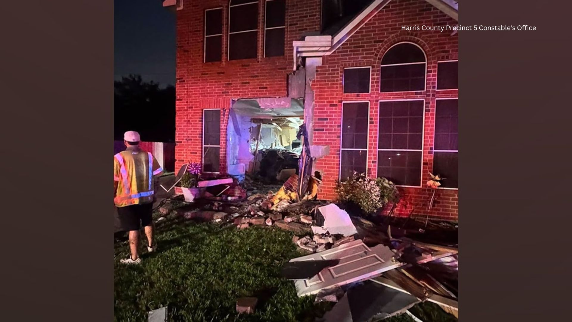 This image released by the Harris County Precinct 5 Constable's Office shows the damage to a home after a Tesla crashed into it, in Katy, Texas, on June 19, 2026.