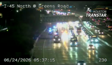 13 Alert Traffic: Heavy truck crash blocking multiple lanes on I-45 North Freeway southbound at Greens Road, TranStar shows