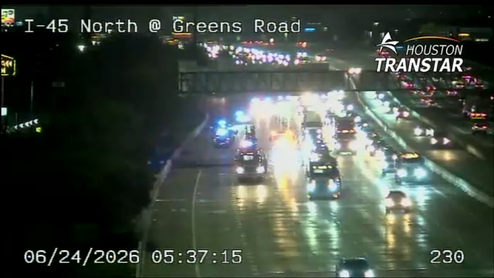 13 Alert Traffic: Heavy truck crash blocking multiple lanes on I-45 North Freeway southbound at Greens Road, TranStar shows