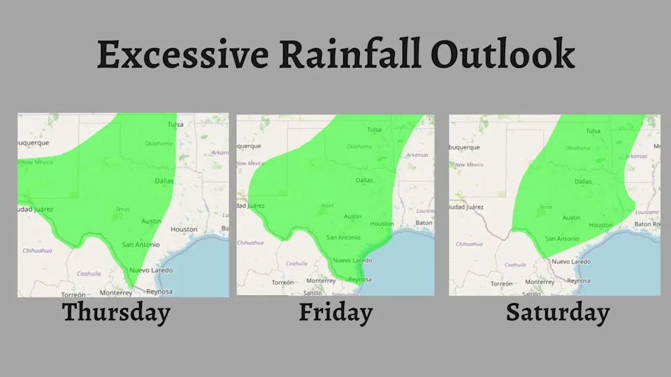 Moderate to heavy rainfall is possible across the areas shaded in green through Saturday. Localized flooding may develop anywhere within the highlighted region, especially where heavier downpours persist. (Weather Prediction Center)