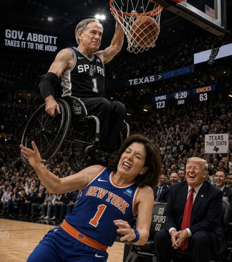 Texas Gov. Greg Abbott posted a less-friendly picture of himself “dunking” on New York Gov. Kathy Hochul. X / @GregAbbott_TX