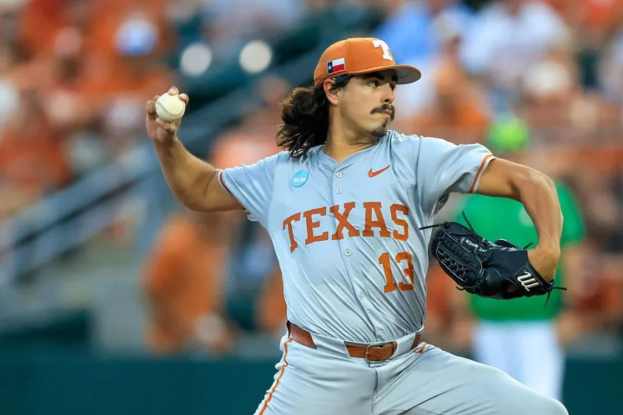 AUSTIN, TX – JUNE 07: Texas Longhorns pitcher Ruger Riojas (13) throws a pitch during the NCAA Super Regional college baseball game between the Texas Longhorns and the Oregon Ducks on June 7, 2026 at UFCU Disch-Falk Field in Austin, TX.(Photo by Adam Davis/Icon Sportswire via Getty Images)