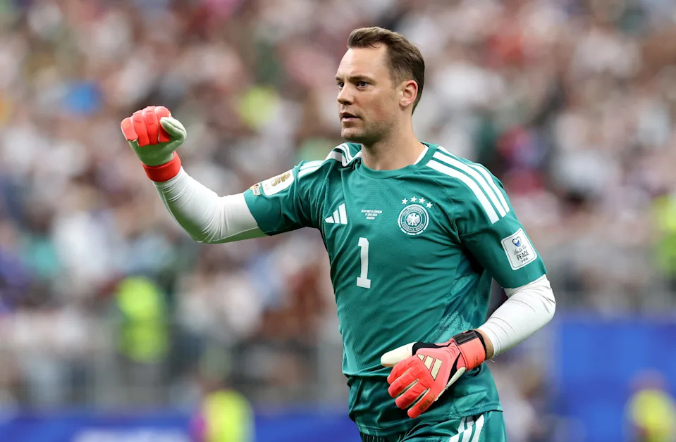 HOUSTON, TEXAS - JUNE 14: Manuel Neuer #1 of Germany celebrates the team's first goal by Felix Nmecha #23 during the FIFA World Cup 2026 Group E match between Germany and Curacao at Houston Stadium on June 14, 2026 in Houston, Texas.