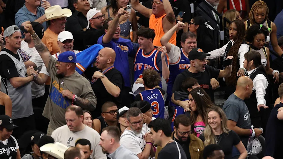 Jun 5, 2026; San Antonio, Texas, USA; New York Knicks fans react in the second half during game two of the 2026 NBA Finals at Frost Bank Center. Mandatory Credit: Geoff Burke-Imagn Images© Geoff Burke-Imagn Images.