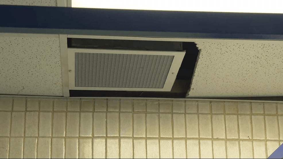 Broken ceiling tile in student restroom. (Credit: KFOX14/CBS4)